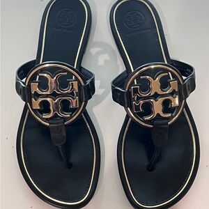 Tory Burch Miller Soft Metal Logo Leather Sandals size 8 Black & Gold